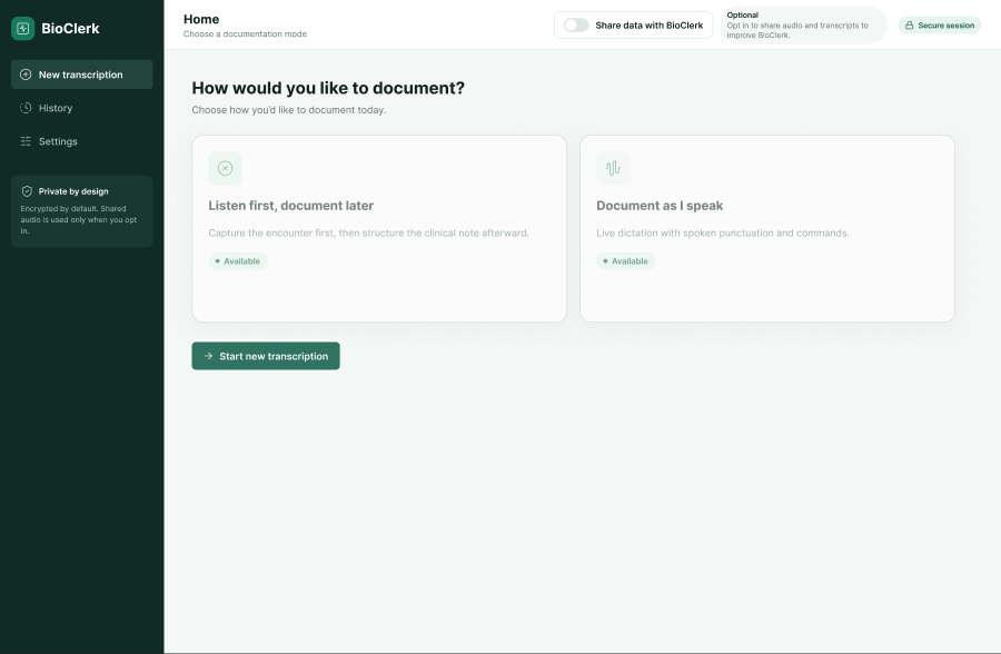 BioClerk home screen with documentation modes