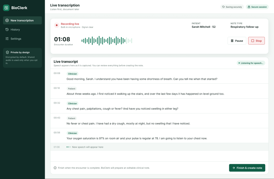 BioClerk live transcription workspace